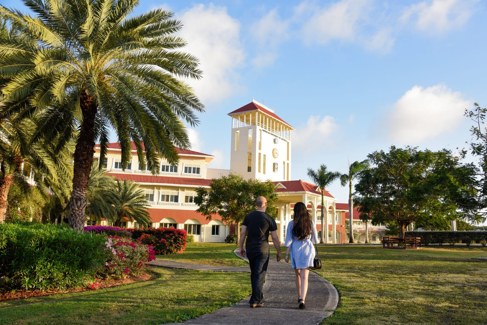 Palm-lined path to the clock tower on the AUA campus in Coolidge